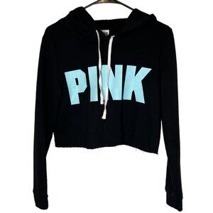 PINK Victoria's Secret Black Hoodie Crop Raw Hem Graphic Print Sweater‎ Size XS